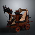 Ancient Military War Vehicle Featuring Wooden Catapult Mechanism Red Wheels And Canvas Canopy
