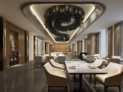 Elegant Modern Restaurant Interior Design With Chandelier Dining Tables And Chairs 3d model