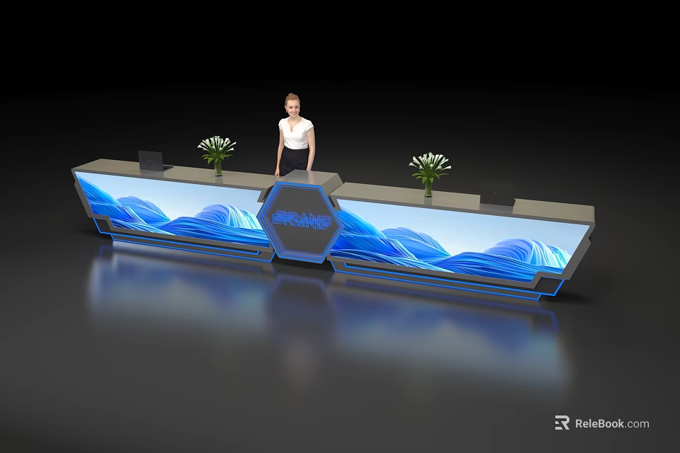 Modern Check In Counter With Blue Wave Decoration White Flowers And Person 3d model 