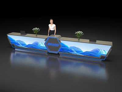 Modern Check In Counter With Blue Wave Decoration White Flowers And Person 3d model
