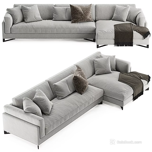 Modern Light Gray Sectional Sofa With Plush Pillows And Throw Blanket 3d model