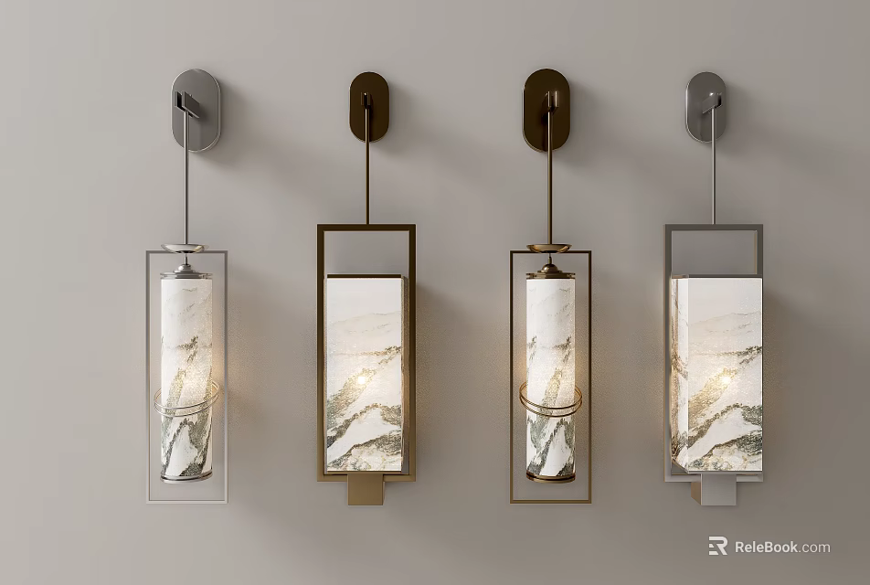 Modern Wall Lamps With Marble Texture Shades And Metal Frames In Silver Gold 3d model 