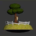 Tree With Green Canopy Brown Trunk And Small Figure In White Fence Yellow Grassy Area