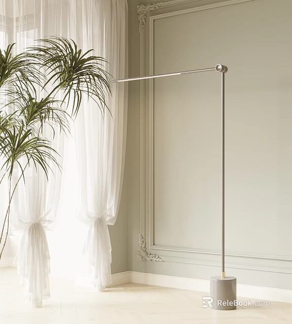 Modern Floor Lamp With Sleek Metal Design Near Green Plant And White Curtains 3d model 