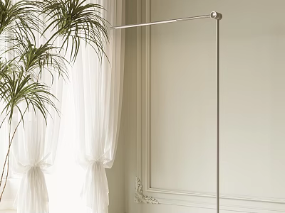 Modern Floor Lamp With Sleek Metal Design Near Green Plant And White Curtains 3d model