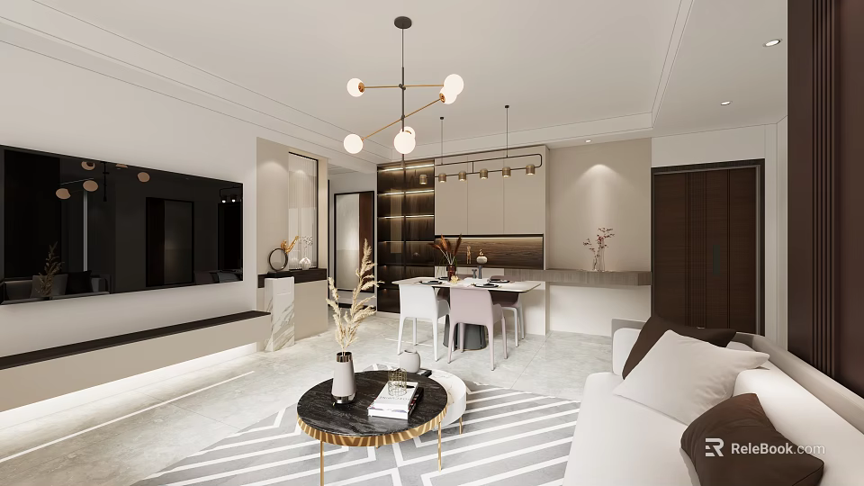 Modern Living Dining Room Interior Design With Sofa Dining Table And Pendant Lights 3d model