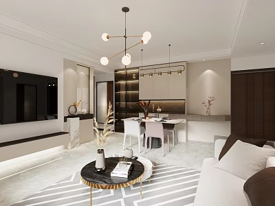 Modern Living Dining Room Interior Design With Sofa Dining Table And Pendant Lights 3d model