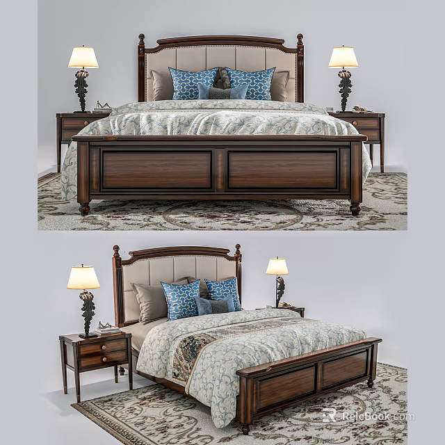 Elegant Wooden Double Bed With Bedside Tables Table Lamps And Blue Pillows 3d model 