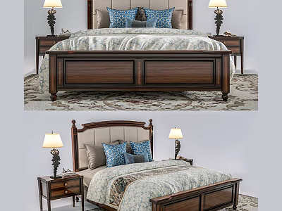 Elegant Wooden Double Bed With Bedside Tables Table Lamps And Blue Pillows 3d model
