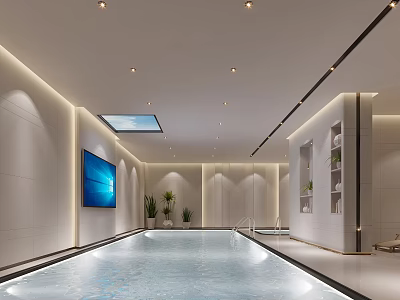 Modern Indoor Swimming Pool Interior Design With Skylight Plants And Lounge Area 3d model