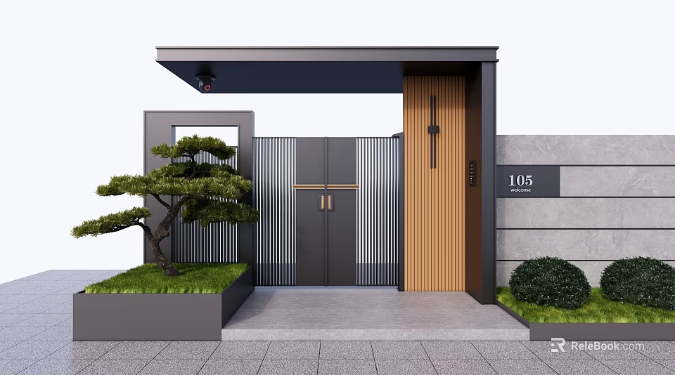 Modern Residential Gate With Black Double Doors Wooden Accent House Number 105 And Green Plants 3d model 