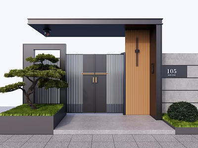 Modern Residential Gate With Black Double Doors Wooden Accent House Number 105 And Green Plants 3d model