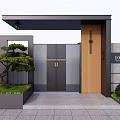 Modern Residential Gate With Black Double Doors Wooden Accent House Number 105 And Green Plants