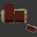 Traditional Architecture Model With Red Roof Brown Walls Bamboo Green Mossy Base And Small Pavilion