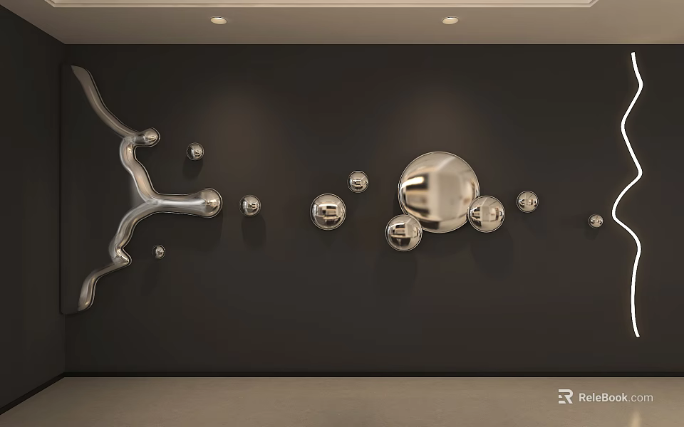 Modern Silver Metal Wall Decor With Curved Strips And Spherical Ornaments On Black Background 3d model 