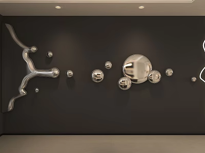 Modern Silver Metal Wall Decor With Curved Strips And Spherical Ornaments On Black Background 3d model