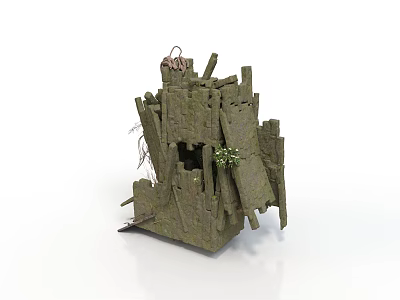 Modern Garden Sculpture With Irregular Wooden Structure And Green Mossy Plants 3d model
