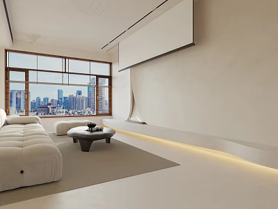 Modern Living and Dining Room Interior With Large Windows City View Light Tones And Sofa 3d model