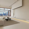 Modern Living and Dining Room Interior With Large Windows City View Light Tones And Sofa
