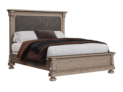 Rustic Wooden Double Bed With Tufted Upholstered Headboard Light Gray Frame And Brown White Bedding 3d model