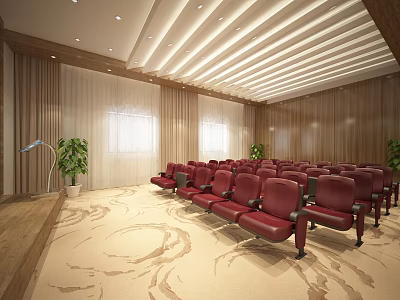 Spacious Conference Room With Red Chairs Wooden Walls Strip Ceiling Lights Windows And Green Plants 3d model