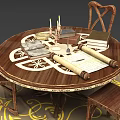Round Office Desk with Three Wooden Chairs Books and Beige Rug with Intricate Yellow Patterns