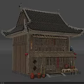 Traditional Chinese Ancient Building With Wooden Structure Tiled Roof Curved Eaves Red Lanterns And Carved Windows