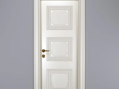 White Panel Flush Door With Three Square Panels And Golden Handle Design 3d model