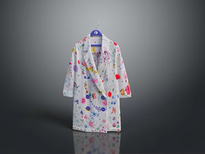 White Robe With Colorful Floral And Cartoon Patterns Hanging On Hanger 3d model