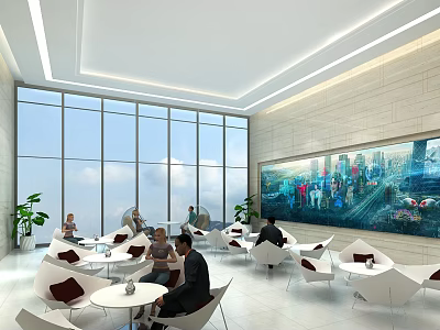 Modern Lounge Area With Large Windows Sky White Tables Chairs City Mural And Green Plants 3d model