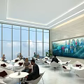 Modern Lounge Area With Large Windows Sky White Tables Chairs City Mural And Green Plants
