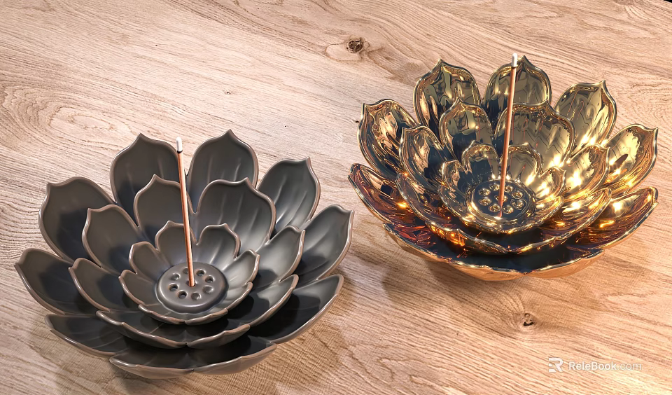 Elegant Lotus Shaped Black and Golden Tea Sets on Wooden Table 3d model 