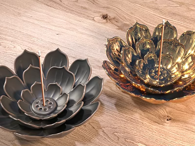 Elegant Lotus Shaped Black and Golden Tea Sets on Wooden Table 3d model