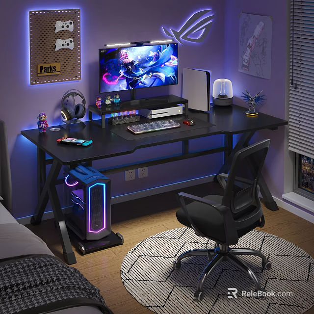 Gaming Desk Setup With RGB Computer Monitor Accessories And Ergonomic Chair 3d model 