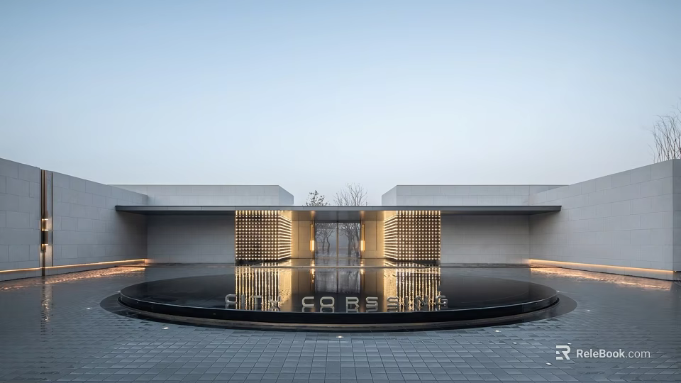 Modern Garden Landscape With Circular Reflecting Pool Grille Walls And Paved Ground 3d model 