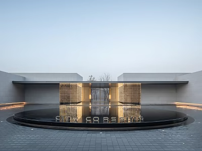 Modern Garden Landscape With Circular Reflecting Pool Grille Walls And Paved Ground 3d model