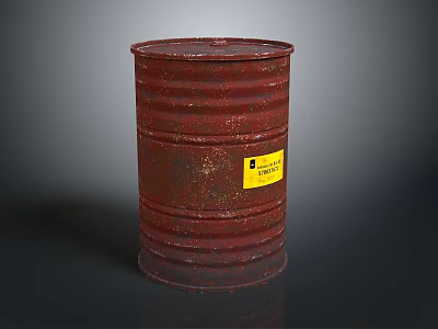 Red Rusty Industrial Metal Drum With Yellow Hazardous Waste Label 3d model