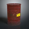 Red Rusty Industrial Metal Drum With Yellow Hazardous Waste Label
