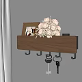 Wall Mounted Wooden Shelf With Hooks For Keys And Pink Flowers Decor
