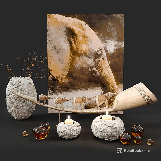 Natural Style Decorative Ornament Set With Stone Vase Candle Holders Animal Figurines Glass Balls And Branch 3d model 