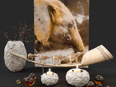 Natural Style Decorative Ornament Set With Stone Vase Candle Holders Animal Figurines Glass Balls And Branch 3d model