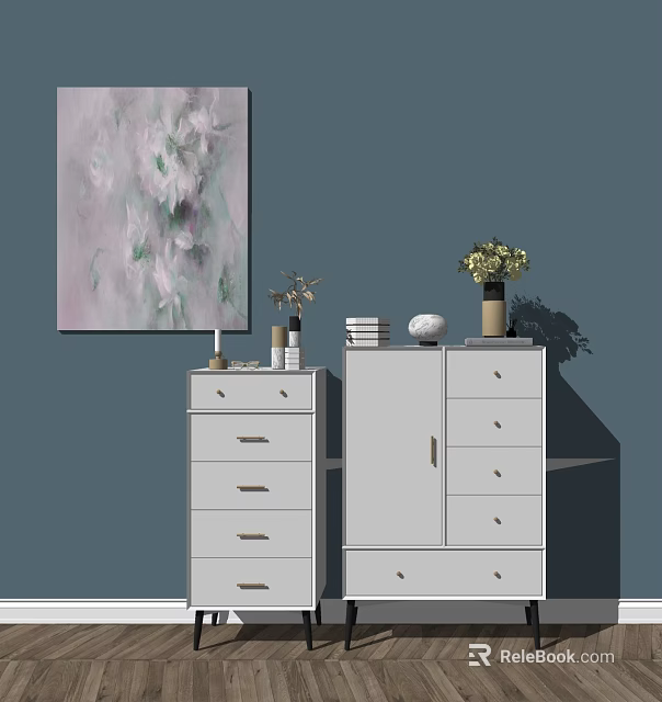 White Dressers Decorated with Abstract Painting Vase and Books in Dark Blue Room 3d model 