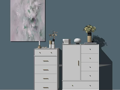 White Dressers Decorated with Abstract Painting Vase and Books in Dark Blue Room 3d model