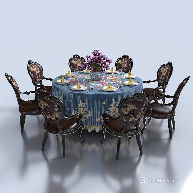 Elegant Round Dining Table Set With Blue Tablecloth Purple Flowers Tableware And Patterned Chairs 3d model 