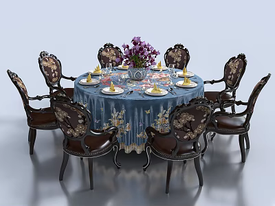 Elegant Round Dining Table Set With Blue Tablecloth Purple Flowers Tableware And Patterned Chairs 3d model