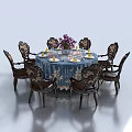 Elegant Round Dining Table Set With Blue Tablecloth Purple Flowers Tableware And Patterned Chairs 3d model