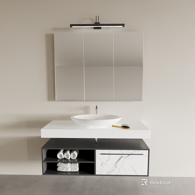 Modern Bathroom Vanity With White Basin Large Mirror Overhead Light And Marble Cabinet Holding Towels 3d model 