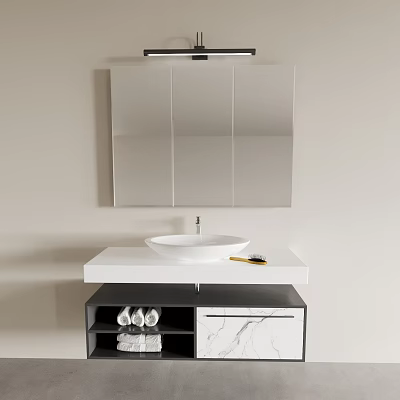 Modern Bathroom Vanity With White Basin Large Mirror Overhead Light And Marble Cabinet Holding Towels 3d model