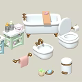Modern Bathroom Washbasin With Bathtub Toilet Mirror Towels And Storage Shelf