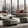 Modern Living Room Interior Design With Large Windows City View Sofa Coffee Table And Ottomans